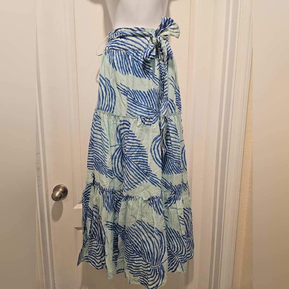 Vineyard Vines Palm Frond Maxi Skirt Sz 4 Blue Tropical Print Vacation Resort